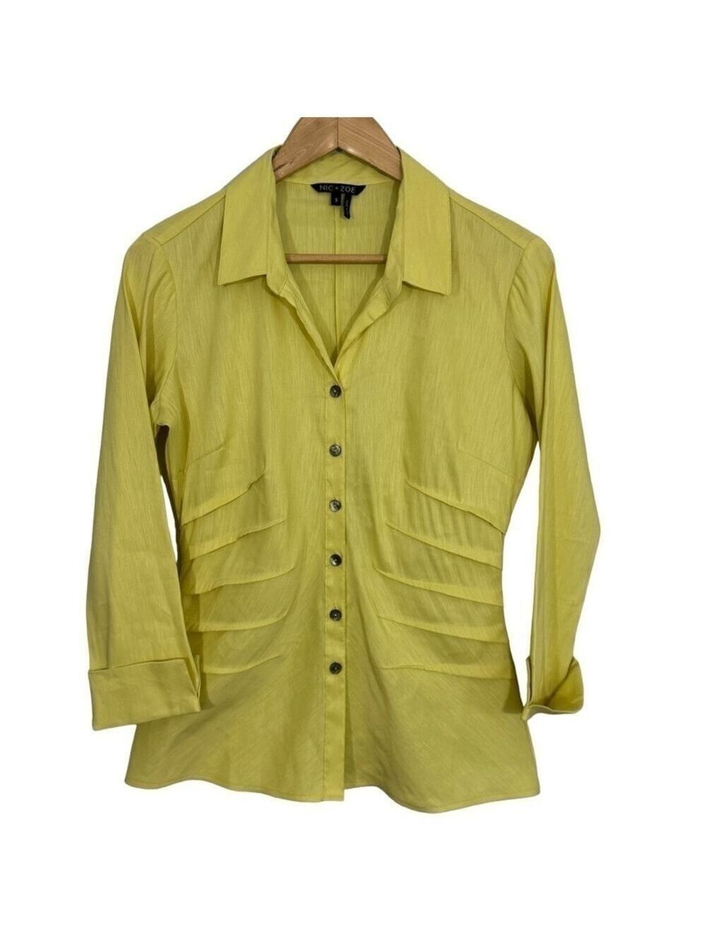 NIC+ZOE Linen Blend Shirt Sz S Green Button Up Blouse Classy Preppy Office EUC